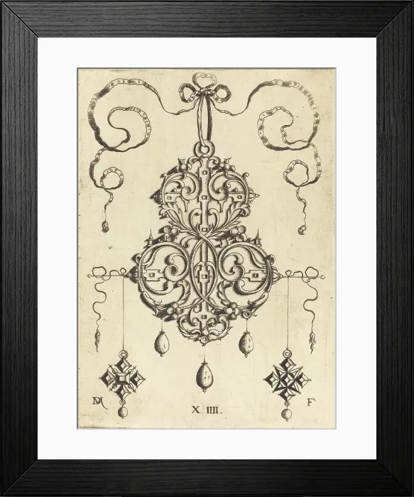 Framed Print : Strapwork Pendant with Three Drops and Two Cross-Shaped Pendants as Earrings at Left and Right. Creator: Daniel Mignot Framed Print : Strapwork Pendant with Three Drops and Two Cross-Shaped Pendants as Earrings at Left and Right. Creator: Daniel Mignot