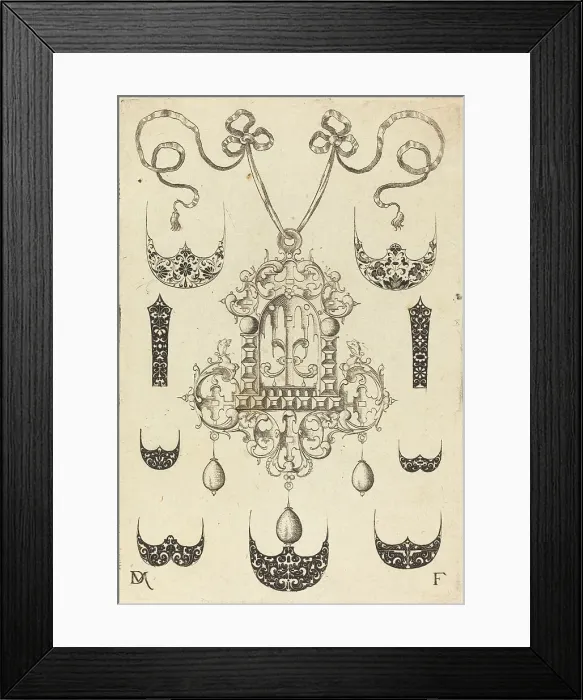 Framed Print : Pendant Surrounded by Seven Shields and Two Ornamental Bands, 1593. Creator: Daniel Mignot Framed Print : Pendant Surrounded by Seven Shields and Two Ornamental Bands, 1593. Creator: Daniel Mignot