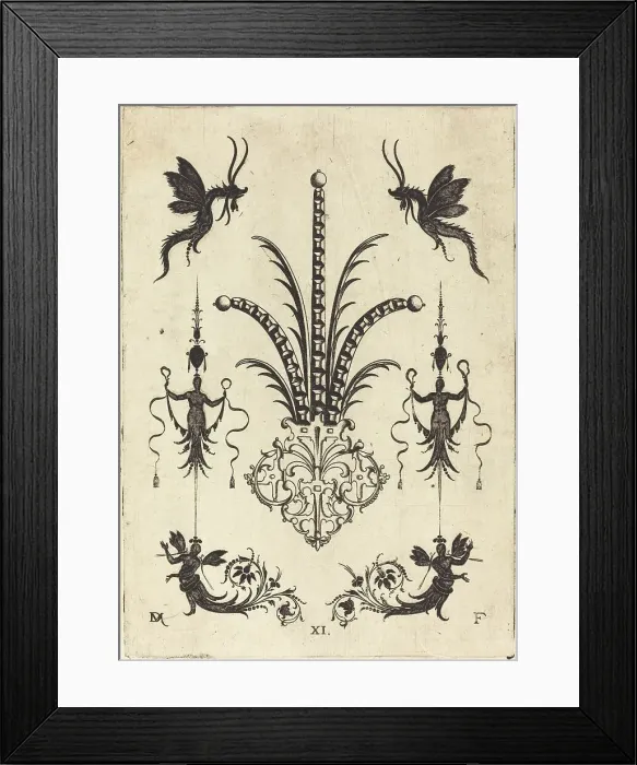 Framed Print : Brooch with Table-Stones, Winged Animals at Top, and Winged Human Beings at Bottom, 1596. Creator: Daniel Mignot
