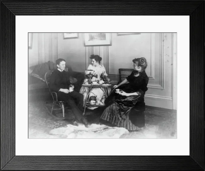 Framed Print : Frances Benjamin Johnston, full lgth. seated, having tea with 2 other people, n.d.. Creator: Frances Benjamin Johnston Framed Print : Frances Benjamin Johnston, full lgth. seated, having tea with 2 other people, n.d.. Creator: Frances Benjamin Johnston