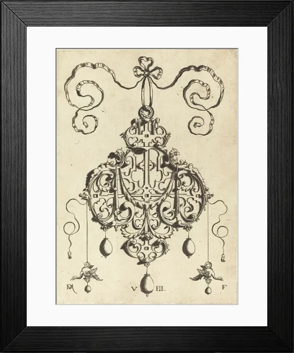 Framed Print : Strapwork Pendant with Two Eagles as Earringsat Left and Right. Creator: Daniel Mignot