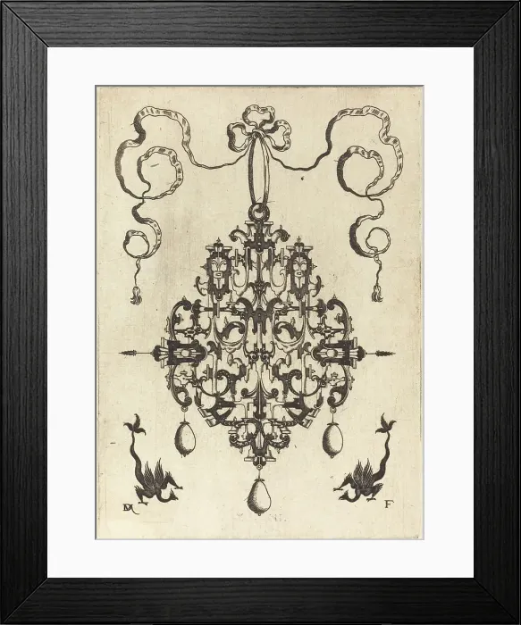 Framed Print : Large Pendant, Two Fantasy Creatures with Long Tails at Bottom, 1596. Creator: Daniel Mignot