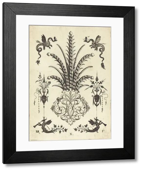 Framed Print : Brooch with Table-Stones, Dragons at Top, andWinged Monsters Blowing Horns at Bottom, 1596. Creator: Daniel Mignot Framed Print : Brooch with Table-Stones, Dragons at Top, andWinged Monsters Blowing Horns at Bottom, 1596. Creator: Daniel Mignot