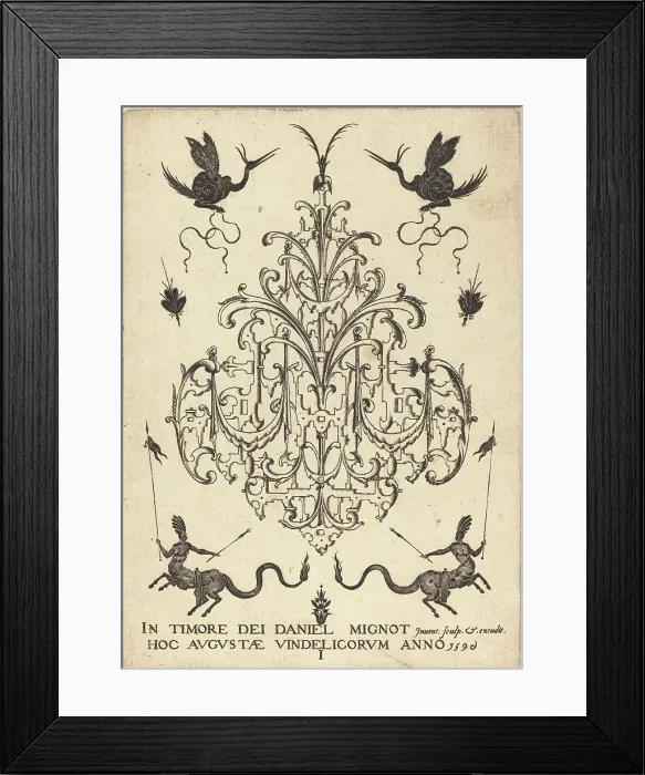 Framed Print : Title-Page: Brooch, Snail-like Animals Above, Centaurs with Banners at Bottom, 1596. Creator: Daniel Mignot Framed Print : Title-Page: Brooch, Snail-like Animals Above, Centaurs with Banners at Bottom, 1596. Creator: Daniel Mignot