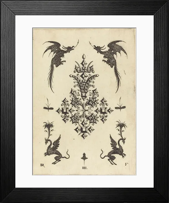 Framed Print : Brooch with Table-Stones, Winged Dragons at Top, and Griffins at Bottom, 1596. Creator: Daniel Mignot Framed Print : Brooch with Table-Stones, Winged Dragons at Top, and Griffins at Bottom, 1596. Creator: Daniel Mignot