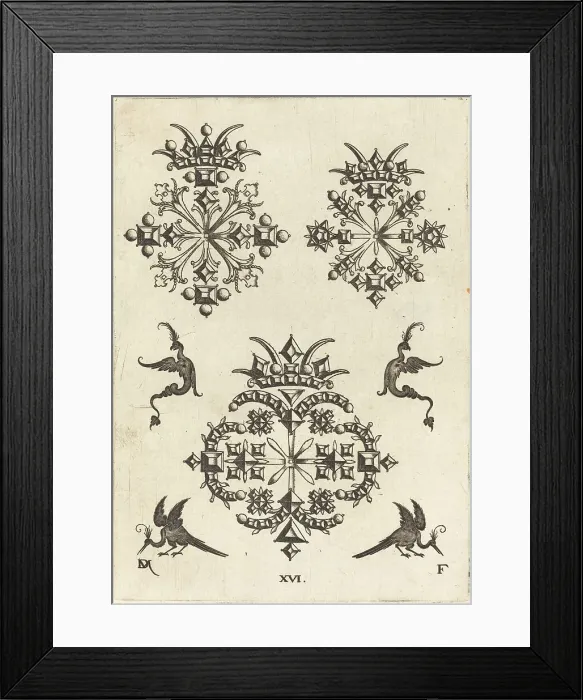 Framed Print : Three Brooches with Fantasy Birds at Left, Right, and Bottom, 1596. Creator: Daniel Mignot Framed Print : Three Brooches with Fantasy Birds at Left, Right, and Bottom, 1596. Creator: Daniel Mignot