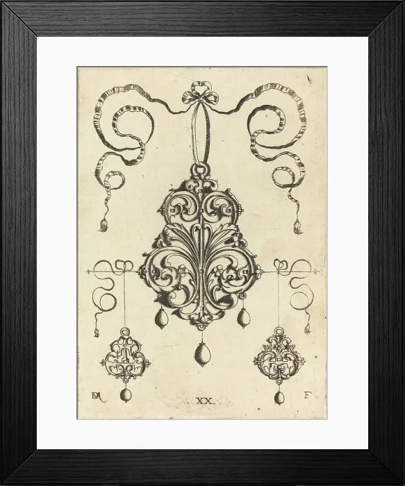 Framed Print : One Large and Two Smaller Strapwork Pendants. Creator: Daniel Mignot Framed Print : One Large and Two Smaller Strapwork Pendants. Creator: Daniel Mignot