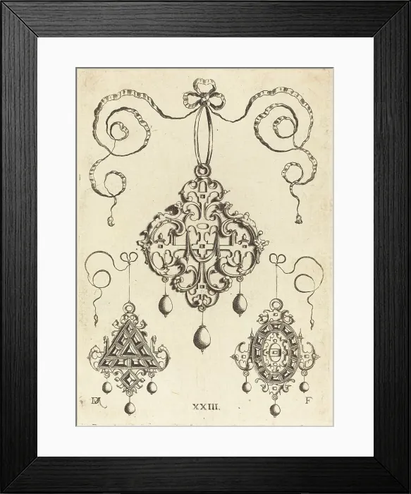 Framed Print : Three Strapwork Pendants, The Lower Ones Triangular and Oval. Creator: Daniel Mignot Framed Print : Three Strapwork Pendants, The Lower Ones Triangular and Oval. Creator: Daniel Mignot