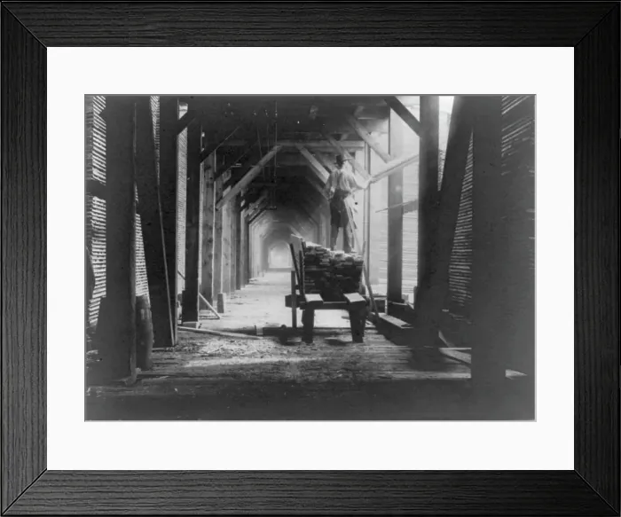 Framed Print : Man standing on boards on cart in sawmill and stacking the boards, Duluth vicinity, Minnesota, 1903. Creator: Frances Benjamin Johnston Framed Print : Man standing on boards on cart in sawmill and stacking the boards, Duluth vicinity, Minnesota, 1903. Creator: Frances Benjamin Johnston