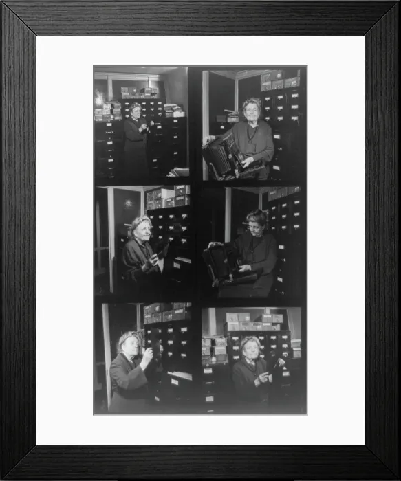 Framed Print : Composite of 6 contact photoprints of Frances Benjamin Johnston in her office... 1940s. Creator: Frances Benjamin Johnston Framed Print : Composite of 6 contact photoprints of Frances Benjamin Johnston in her office... 1940s. Creator: Frances Benjamin Johnston