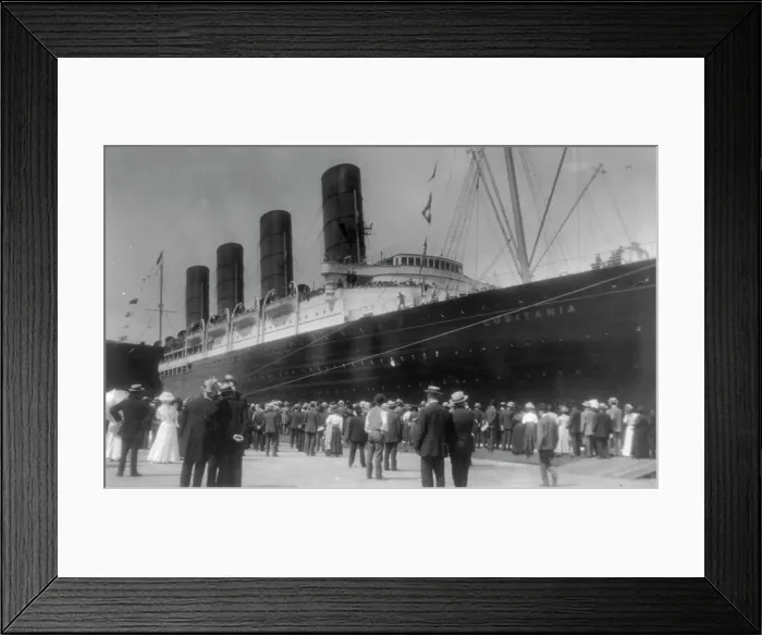 Framed Print : LUSITANIA arriving in N.Y. for first time, Sept. 13, 1907: starboard view; crowd at dock... 1907. Creator: Frances Benjamin Johnston