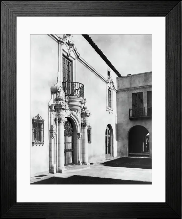 Framed Print : Pasadena, California, Mrs. Herbert Coppell home - detail of ornate doorway and balcony above, 1917. Creator: Frances Benjamin Johnston Framed Print : Pasadena, California, Mrs. Herbert Coppell home - detail of ornate doorway and balcony above, 1917. Creator: Frances Benjamin Johnston