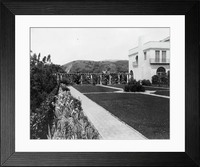 Framed Print : Pasadena, California, Mrs. Herbert Coppell home - view of formal lawn, gardens, and hills... 1917. Creator: Frances Benjamin Johnston Framed Print : Pasadena, California, Mrs. Herbert Coppell home - view of formal lawn, gardens, and hills... 1917. Creator: Frances Benjamin Johnston