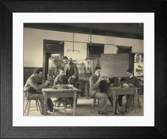 Framed Print : Students constructing telephones at Hampton Institute, 1899 or 1900. Creator: Frances Benjamin Johnston Framed Print : Students constructing telephones at Hampton Institute, 1899 or 1900. Creator: Frances Benjamin Johnston