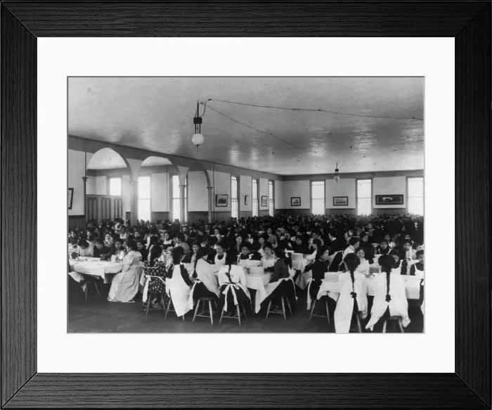 Framed Print : Students in dining hall, United States Indian School, Carlisle, Pa. 1901. Creator: Frances Benjamin Johnston Framed Print : Students in dining hall, United States Indian School, Carlisle, Pa. 1901. Creator: Frances Benjamin Johnston