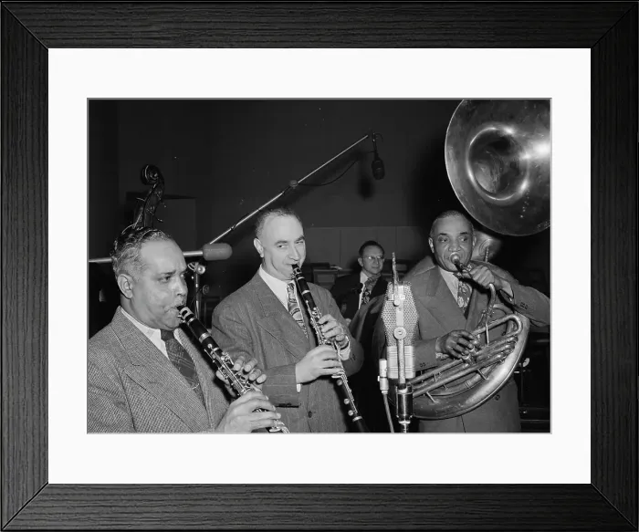 Framed Print : Portrait of Mezz Mezzrow, Albert Nicholas, and Sy Sinclair, New York, N.Y. ca. Jan. 1947. Creator: William Paul Gottlieb Framed Print : Portrait of Mezz Mezzrow, Albert Nicholas, and Sy Sinclair, New York, N.Y. ca. Jan. 1947. Creator: William Paul Gottlieb