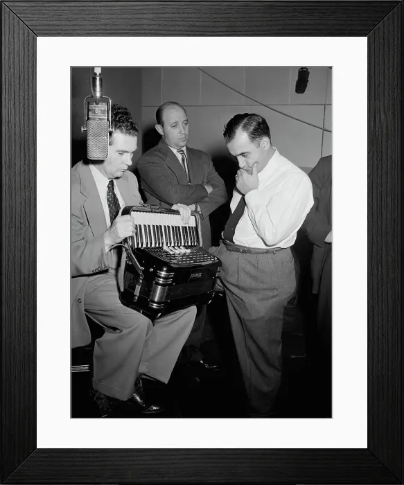 Framed Print : Portrait of Joe Mooney, Milt Gabler, and Morty Palitz, Decca studio, New York, N.Y. ca. Dec. 1946. Creator: William Paul Gottlieb Framed Print : Portrait of Joe Mooney, Milt Gabler, and Morty Palitz, Decca studio, New York, N.Y. ca. Dec. 1946. Creator: William Paul Gottlieb
