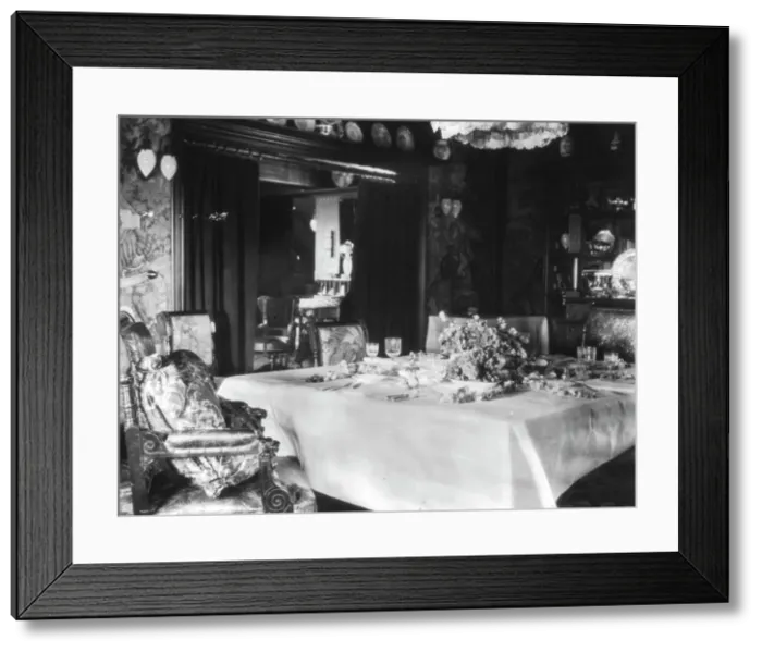 Framed Print : Dining room with table setting for four, Mrs. Phoebe Apperson Hearst's home...California, 1920s Creator: Frances Benjamin Johnston Framed Print : Dining room with table setting for four, Mrs. Phoebe Apperson Hearst's home...California, 1920s Creator: Frances Benjamin Johnston