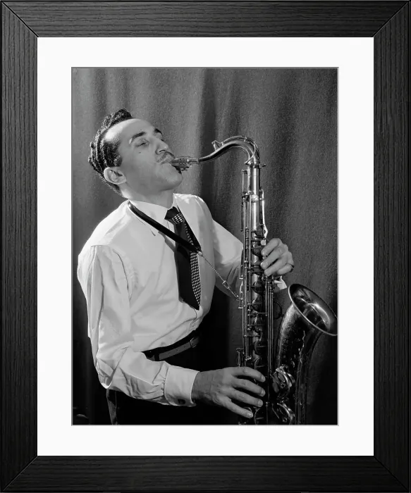 Framed Print : Portrait of Charlie Ventura, William P. Gottlieb's home (table tennis room), N.Y. ca. Apr. 1947. Creator: William Paul Gottlieb Framed Print : Portrait of Charlie Ventura, William P. Gottlieb's home (table tennis room), N.Y. ca. Apr. 1947. Creator: William Paul Gottlieb