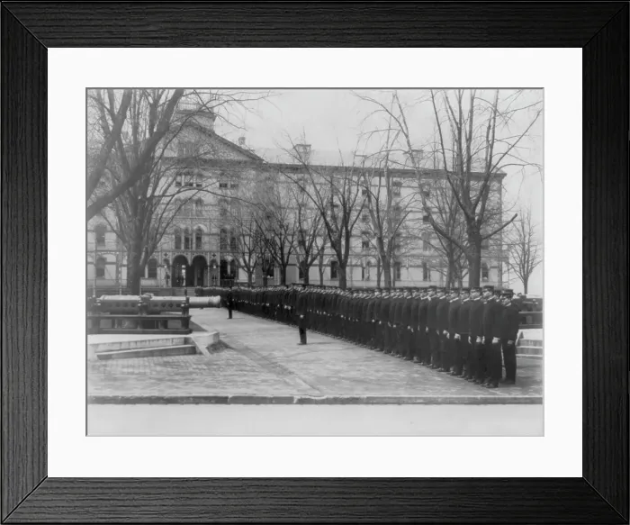 Framed Print : U.S. Naval Academy, Annapolis Md.: cadets lined up in row leading to building, (1902?). Creator: Frances Benjamin Johnston Framed Print : U.S. Naval Academy, Annapolis Md.: cadets lined up in row leading to building, (1902?). Creator: Frances Benjamin Johnston