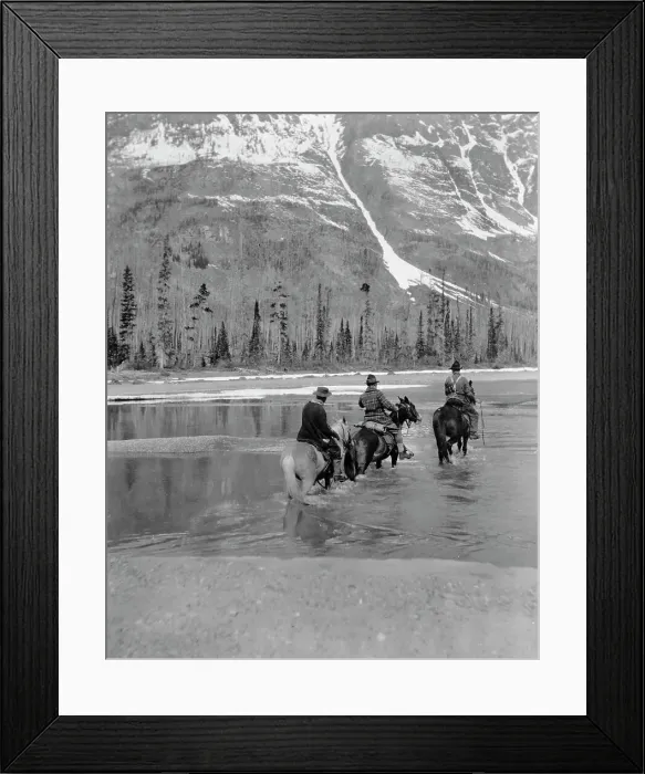Framed Print : Three campers on horseback cross the Columbia River in Washington, 1903. Creator: Frances Benjamin Johnston Framed Print : Three campers on horseback cross the Columbia River in Washington, 1903. Creator: Frances Benjamin Johnston
