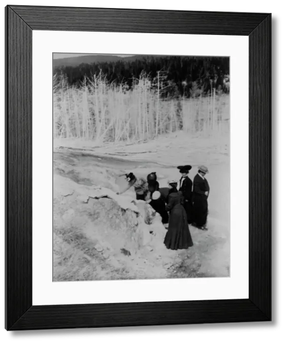 Framed Print : A group of tourists explore land formations in Yellowstone National Park, 1903. Creator: Frances Benjamin Johnston Framed Print : A group of tourists explore land formations in Yellowstone National Park, 1903. Creator: Frances Benjamin Johnston