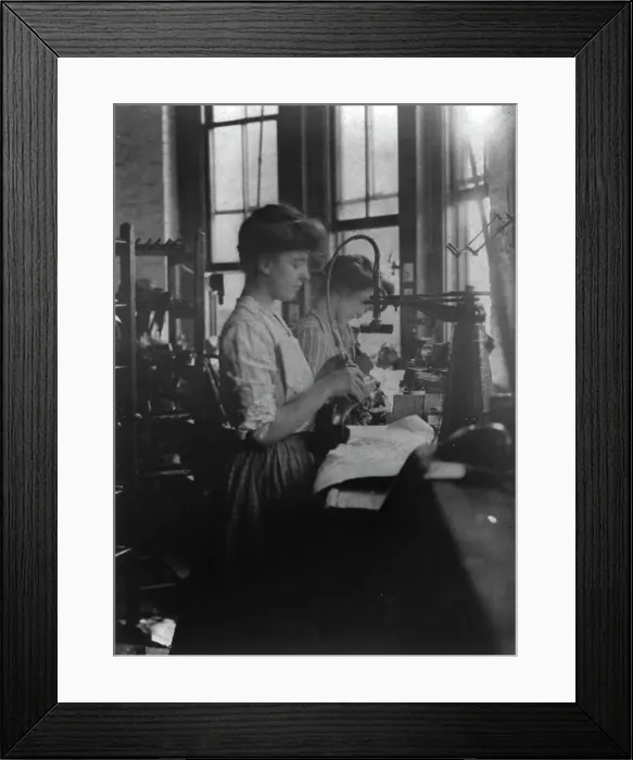 Framed Print : Shoe factories, Lynn, Mass.: 2 women working in shoe factory, (1895?). Creator: Frances Benjamin Johnston Framed Print : Shoe factories, Lynn, Mass.: 2 women working in shoe factory, (1895?). Creator: Frances Benjamin Johnston