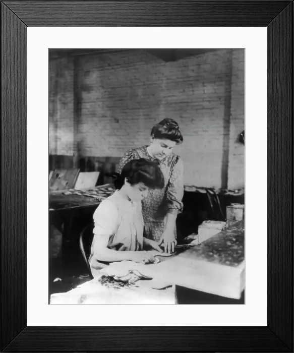 Framed Print : Miss Bessie Prince and Miss Ella Parrott working in a shoe factory, Lynn, Mass. (1895?). Creator: Frances Benjamin Johnston Framed Print : Miss Bessie Prince and Miss Ella Parrott working in a shoe factory, Lynn, Mass. (1895?). Creator: Frances Benjamin Johnston