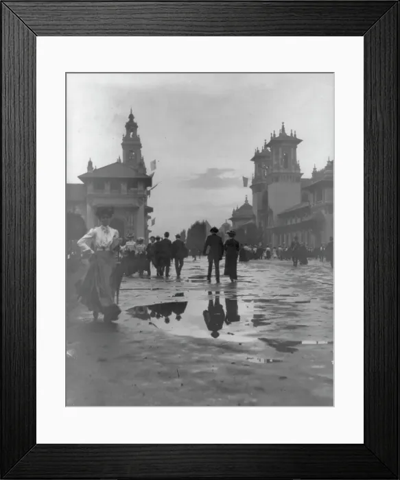 Framed Print : Looking down Midway after a rain, Pan American Exposition, Buffalo, NY, 1901. Creator: Frances Benjamin Johnston Framed Print : Looking down Midway after a rain, Pan American Exposition, Buffalo, NY, 1901. Creator: Frances Benjamin Johnston