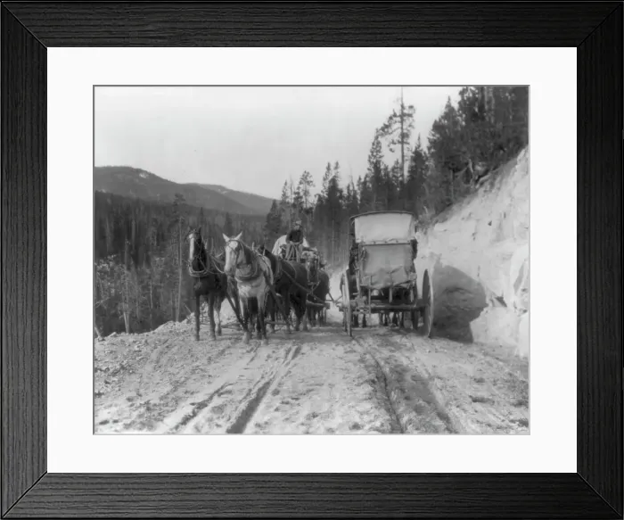 Framed Print : Two stagecoaches passing on mountain road, Yellowstone National Park, Wyoming, 1903. Creator: Frances Benjamin Johnston Framed Print : Two stagecoaches passing on mountain road, Yellowstone National Park, Wyoming, 1903. Creator: Frances Benjamin Johnston