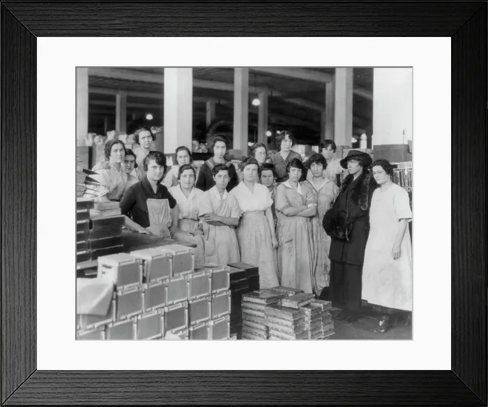Framed Print : Wooden box industry - female workers posing with Mrs. Graham, c1910. Creator: Frances Benjamin Johnston Framed Print : Wooden box industry - female workers posing with Mrs. Graham, c1910. Creator: Frances Benjamin Johnston
