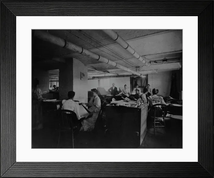 Framed Print : Workers taking mucilaged sheets of postage stamps from the drying box in the gumming... c1895. Creator: Frances Benjamin Johnston Framed Print : Workers taking mucilaged sheets of postage stamps from the drying box in the gumming... c1895. Creator: Frances Benjamin Johnston