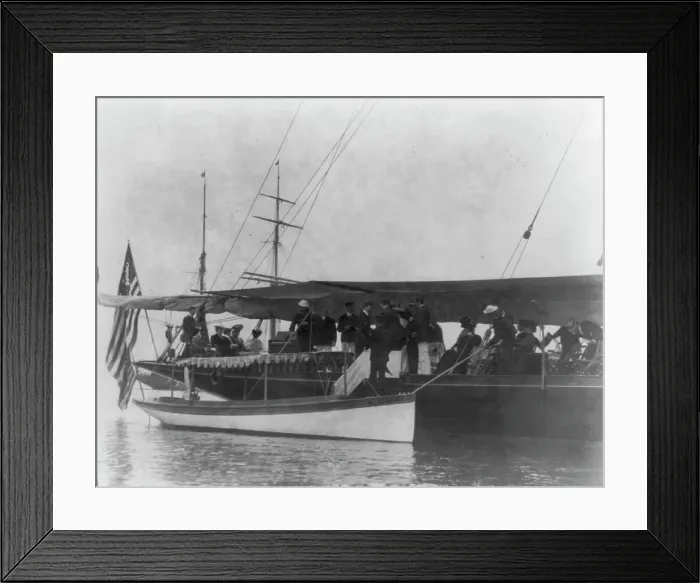 Framed Print : Presidential yacht at Oyster Bay, L.I. 1905: guests boarding from launch, 1905. Creator: Frances Benjamin Johnston Framed Print : Presidential yacht at Oyster Bay, L.I. 1905: guests boarding from launch, 1905. Creator: Frances Benjamin Johnston