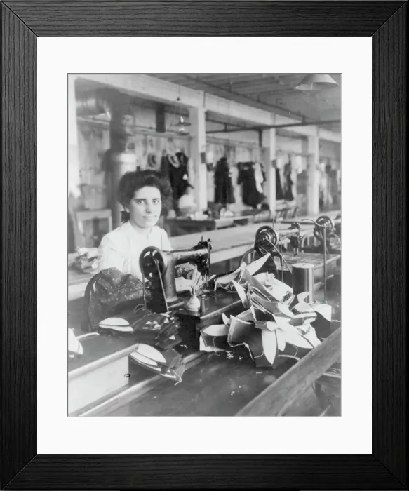 Framed Print : Massachusetts. Lynn. shoe factories, 1895?: a lining stitcher (woman) at work, (1895?). Creator: Frances Benjamin Johnston Framed Print : Massachusetts. Lynn. shoe factories, 1895?: a lining stitcher (woman) at work, (1895?). Creator: Frances Benjamin Johnston