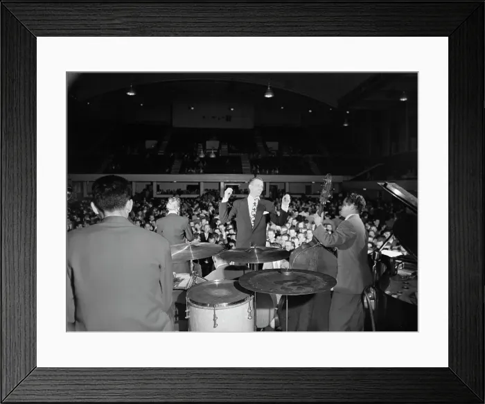 Framed Print : Portrait of Stan Kenton, Shelly Manne, and Eddie Safranski, 1947 or 1948. Creator: William Paul Gottlieb Framed Print : Portrait of Stan Kenton, Shelly Manne, and Eddie Safranski, 1947 or 1948. Creator: William Paul Gottlieb