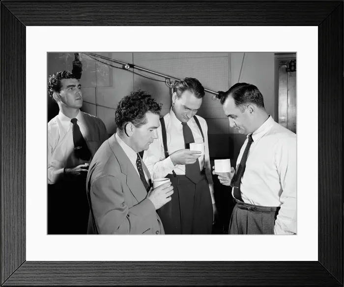 Framed Print : Portrait of Morty Palitz, Jack Hotop, Joe Mooney, and Andy Fitzgerald... N.Y. ca. Dec. 1946. Creator: William Paul Gottlieb Framed Print : Portrait of Morty Palitz, Jack Hotop, Joe Mooney, and Andy Fitzgerald... N.Y. ca. Dec. 1946. Creator: William Paul Gottlieb
