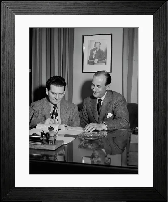 Framed Print : Portrait of Joe Mooney and Milt Gabler(?), Decca office(?), New York, N.Y. ca. Dec. 1946. Creator: William Paul Gottlieb Framed Print : Portrait of Joe Mooney and Milt Gabler(?), Decca office(?), New York, N.Y. ca. Dec. 1946. Creator: William Paul Gottlieb