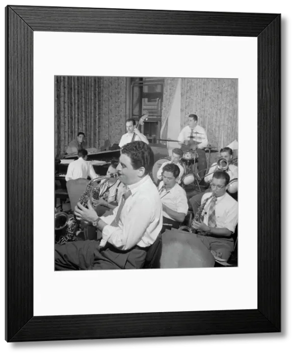 Framed Print : Portrait of Serge Chaloff, Georgie Auld, Red Rodney, and Tiny Kahn, New York, N.Y. ca. Aug. 1947. Creator: William Paul Gottlieb Framed Print : Portrait of Serge Chaloff, Georgie Auld, Red Rodney, and Tiny Kahn, New York, N.Y. ca. Aug. 1947. Creator: William Paul Gottlieb