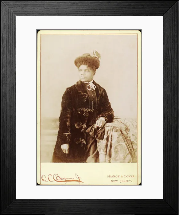Framed Print : Studio portrait of woman wearing hat, and velvet coat, c1880-c1889. Creators: O.C. Benjamin, Unknown Framed Print : Studio portrait of woman wearing hat, and velvet coat, c1880-c1889. Creators: O.C. Benjamin, Unknown