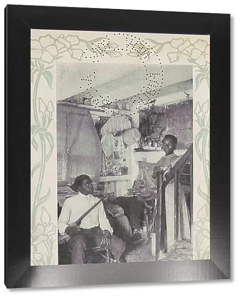 Man seated with banjo next to woman at stairs, 1903. Creator: Camera Club