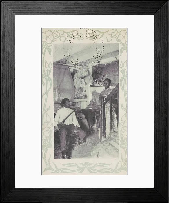 Framed Print : Man seated with banjo next to woman at stairs, 1903. Creator: Camera Club Framed Print : Man seated with banjo next to woman at stairs, 1903. Creator: Camera Club