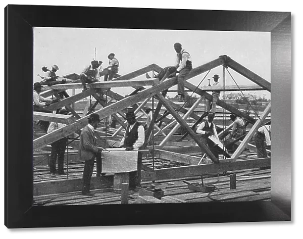 Students framing the roof of a large building, 1904. Creator: Frances Benjamin Johnston