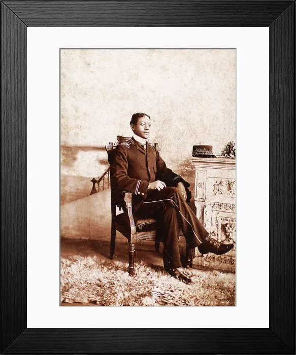 Framed Print : Uniformed man seated, on the mantlepiece is his cap, embroidered with the name.... c1900-c1909. Creator: Roche Framed Print : Uniformed man seated, on the mantlepiece is his cap, embroidered with the name.... c1900-c1909. Creator: Roche