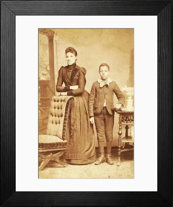 Framed Print : Unidentified standing figures: woman, her folded arms leaning on back of chair... 1890. Creator: J. N. Wilson Framed Print : Unidentified standing figures: woman, her folded arms leaning on back of chair... 1890. Creator: J. N. Wilson