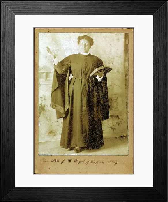 Framed Print : Rev. Mrs. J. H. Vigal of Buffalo, N.Y. arm raised, holding Bible, c1880-c1889. Creator: Unknown Framed Print : Rev. Mrs. J. H. Vigal of Buffalo, N.Y. arm raised, holding Bible, c1880-c1889. Creator: Unknown