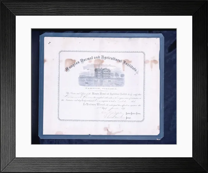 Framed Print : Diploma awarded to William A.Yancey by Hampton Normal and Agricultural Institute, June 12, 1873. Creators: Unknown, Samuel Smith Kilburn Framed Print : Diploma awarded to William A.Yancey by Hampton Normal and Agricultural Institute, June 12, 1873. Creators: Unknown, Samuel Smith Kilburn