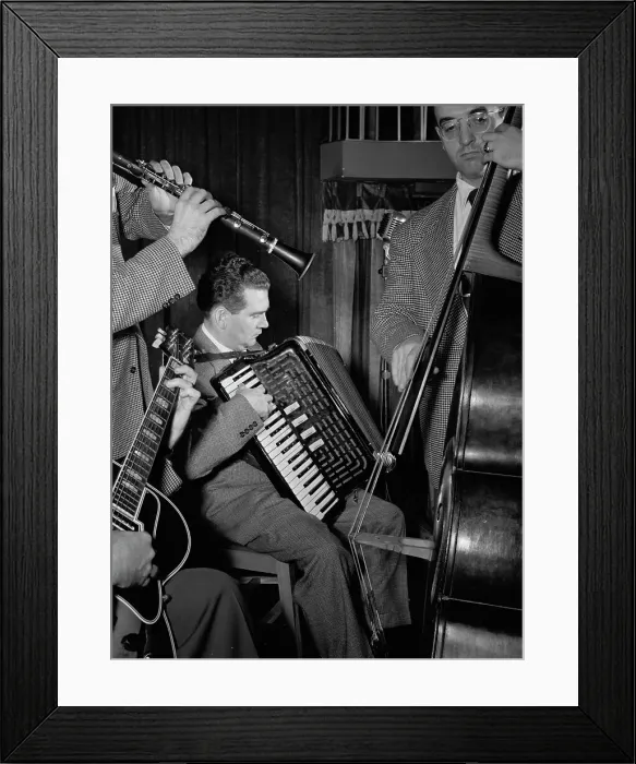 Framed Print : Portrait of Joe Mooney, Gaeton (Gate) Frega, and Andy Fitzgerald, Eddie Condon's, N.Y. 1947. Creator: William Paul Gottlieb Framed Print : Portrait of Joe Mooney, Gaeton (Gate) Frega, and Andy Fitzgerald, Eddie Condon's, N.Y. 1947. Creator: William Paul Gottlieb