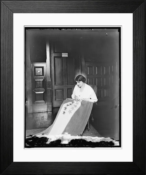 Framed Print : Sewing stars on suffrage flag, between 1910 and 1920. Creator: Harris & Ewing. Sewing stars on suffrage flag, between 1910 and 1920. Creator: Harris & Ewing Framed Print : Sewing stars on suffrage flag, between 1910 and 1920. Creator: Harris & Ewing. Sewing stars on suffrage flag, between 1910 and 1920. Creator: Harris & Ewing