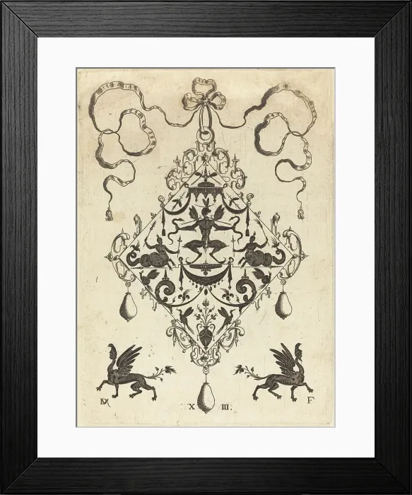 Framed Print : Large Pendant, Winged Fantasy Creature Holding Two Snakes, 1596. Creator: Daniel Mignot Framed Print : Large Pendant, Winged Fantasy Creature Holding Two Snakes, 1596. Creator: Daniel Mignot