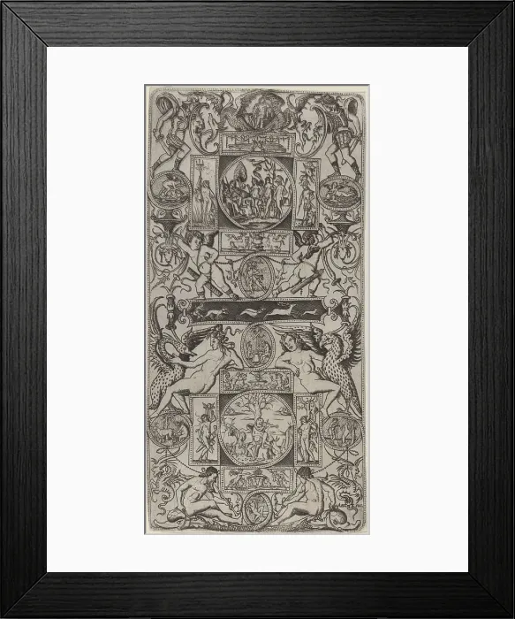 Framed Print : Ornament Panel with Orpheus and the Judgment of Paris, c. 1507. Creator: Nicoletto da Modena Framed Print : Ornament Panel with Orpheus and the Judgment of Paris, c. 1507. Creator: Nicoletto da Modena